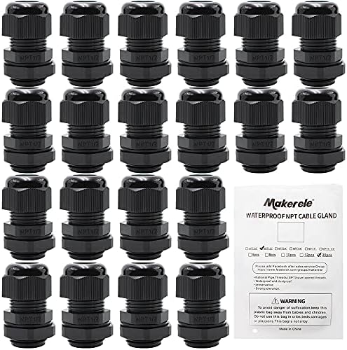 MAKERELE 1/2 NPT Nylon Cable Strain Relief, Waterproof IP68 6-12mm Cable Diameter with Gaskets(1/2 NPT, 20pcs)