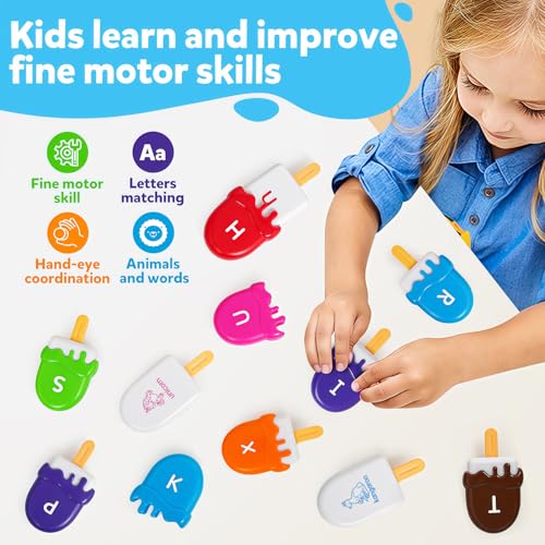 Image of TSYAN Letters Matching Ice Cream Alphabet Learning Toys,Counting Animals and Color Sorting Set Preschool Learning Activities Stacking Toys,Upper & Lowercase ABC Game Fine Motor Toys Gift for Kids