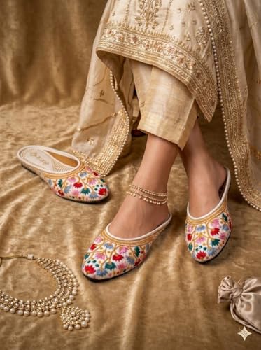 Image of Women Embroidered Jutti, Floral Ethnic Mojari, Slip-On Flats for Wedding, Festive (UK Footwear Size System, Adult, Women, Numeric, Medium, 10) Multicolour