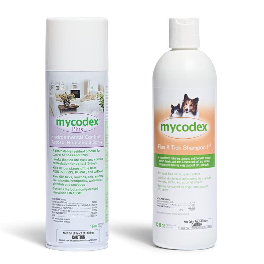 PRNPharmacal Mycodex Plus Environmental Control Household Spray 16 Oz and Mycodex Flea and Tick Shampoo P3 12 Fl Oz - Bundle