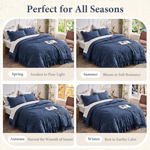Image of JOLLYVOGUE Oversized King Comforter Set, 3 Pieces Navy Blue Seersucker Comforters, Lightweight & Fluffy Bedding Sets for All Season with 1 Ruffle Comforter and 2 Ruffle Pillowshams