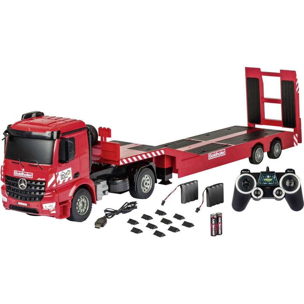 Carson 1:20 Mercedes-Benz Arocs Goldhofer 2.4G 100% RTR, vehículo de construcción con Funciones de luz y Sonido, Incluye Pilas y Mando a Distancia, Color Rojo
