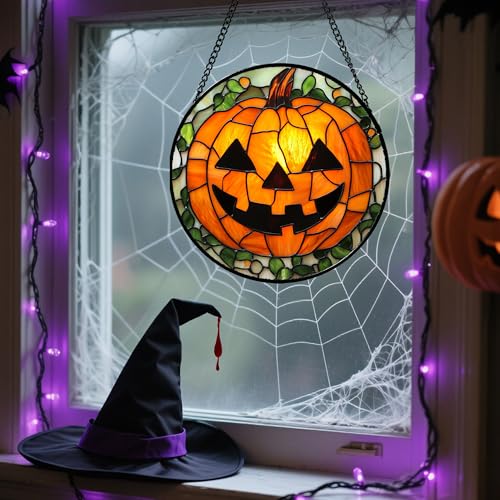 Image of Stained Glass Window Hanging, Halloween Decorations Evil Pumpkin Suncatcher for Doors Garden Indoor Spooky Funny Orange Sun Catchers Gothic Decor Horror Gifts for Women Men Friend 11.8 in
