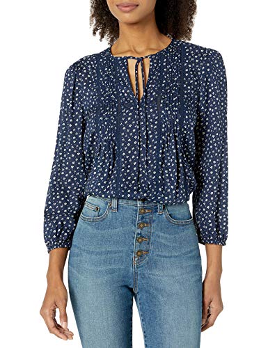 Lucky Brand Women's Long Sleeve Printed V Neck Pleated Popover Top, Navy Multi, M