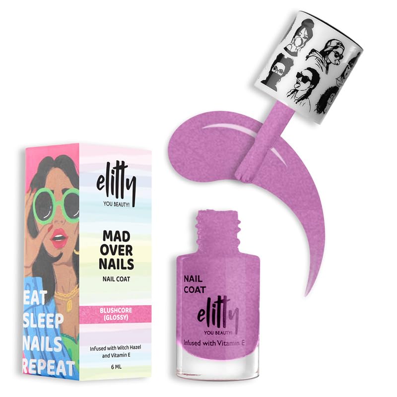 Image of Elitty Nail Polish For Women, Long Lasting Nail Coats, 12 Toxin Free, Infused with Witch Hazel, Vit E, Vegan & Cruelty Free, Shimmer - Blushcore (Lilac), 6 ML