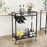 Bar Cart, 2-Tier Kitchen Cart with Wine Rack and Glass Holder, Black Serving Cart with Wine Rack and Glass Holder, Rolling Serving Cart for Kitchen, Dining Room, Club, Bar, Living Room, Party, Black