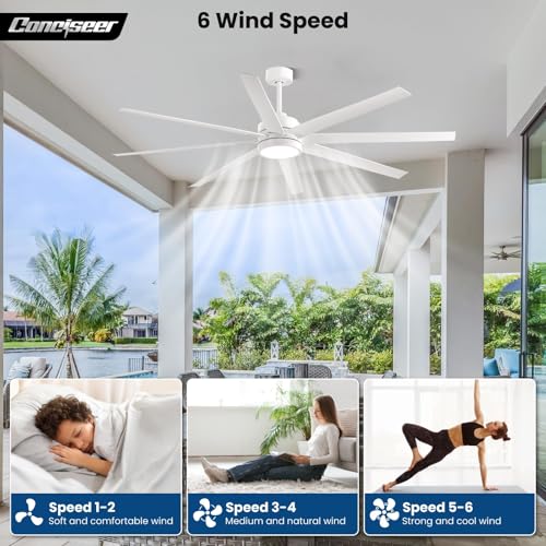 Image of Modern Ceiling Fans with Lights, 72 Inch Ceiling Fan with Remote for Bedroom Living Room Kitchen Library Cafe Outdoor /Industrial Use,24W 6CCT 8 Blades 6 Speed Reversible Quiet DC Motor, White