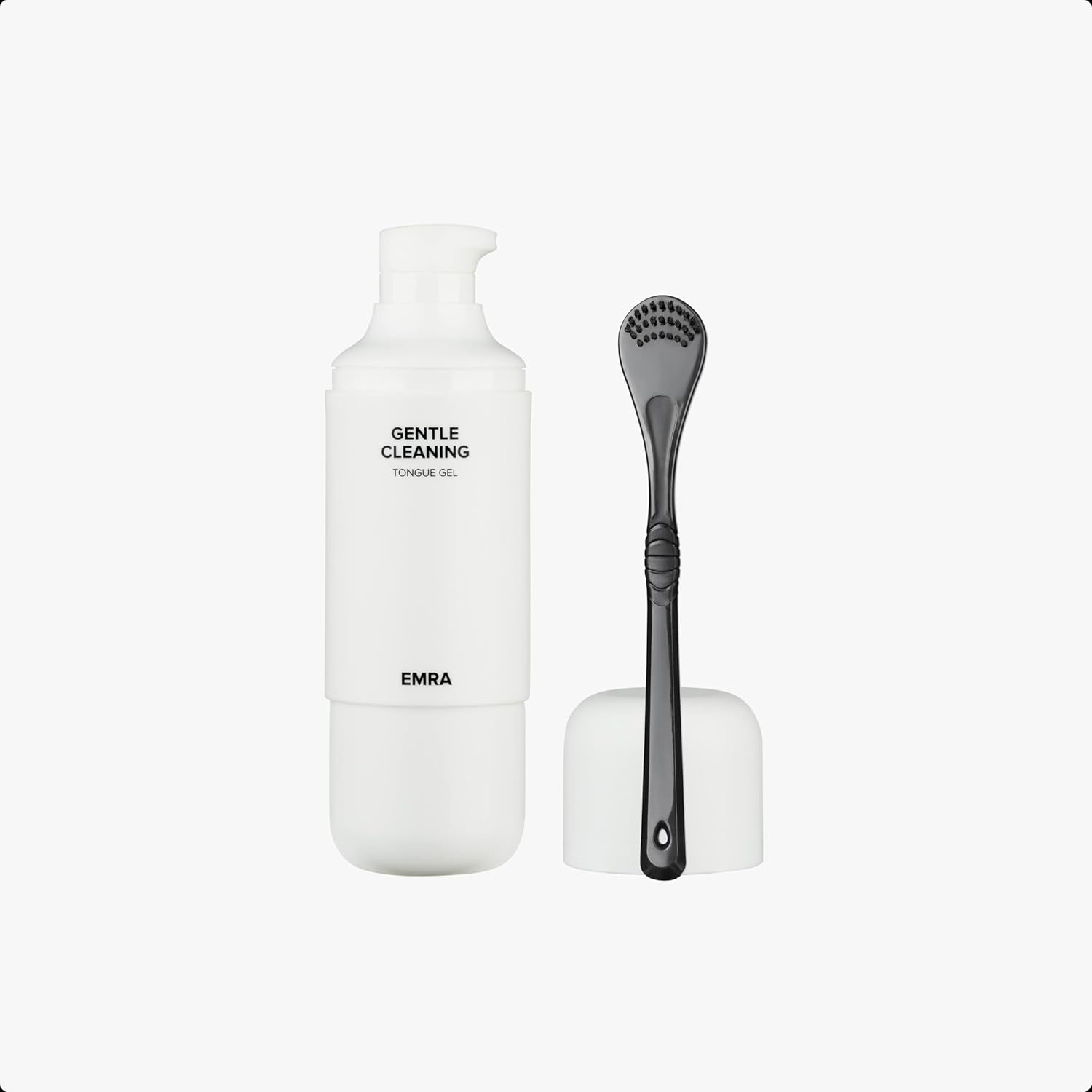 EMRA Gentle Cleaning Tongue Gel + Dual-Sided Cleaner in Black - Fluoride-Free Formula with Peppermint & Chamomile for Fresh Breath & Sensitive Tongue Care