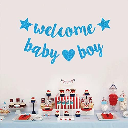 Baby Shower Decorations Welcome Baby Boy Banner Glitter Welcome Baby Decorations for Boys Birthday Party Hanging Decorations Party Supplies Blue Pre-stung
