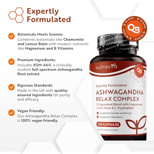Ashwagandha KSM-66 Relax Complex with Magnesium, Lion's Mane & L-Tryptophan - Supports Relaxation & Mental Wellbeing - Normal Psychological Function & Reduction in Fatigue - 120 Capsules - Nutravita - Image 6