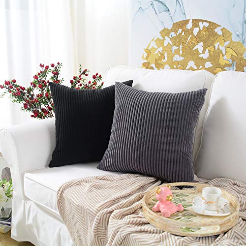 Mernette Pack Of 2, Corduroy Soft Decorative Square Throw Pillow Cover Cushion Covers Pillowcase, Home Decor Decorations For Sofa Couch Bed Chair 18X18 Inch/45X45 Cm (Striped Black) #TOP3