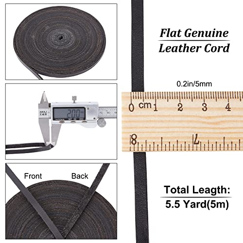 GORGECRAFT 5.5Yds 5mm Black Flat Genuine Leather Cord Natural Leather String Lace Strips Full Grain Cowhide Braiding String Roll for Jewelry Making DIY Craft Braided Bracelets Belts Keychains - Image 2