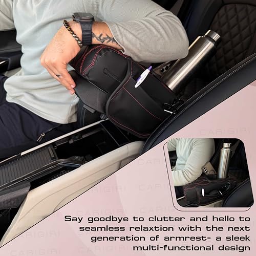 Image of Carigiri Nappa Leatherette,Foam ComfiRest Pro Car Armrest Cushion with Cup Holder| Arm Cushion| Universal for All Cars|Armrest with Mobile Holder (Red,Utility Pockets,Dual Cup Holder,Mobile Holder)