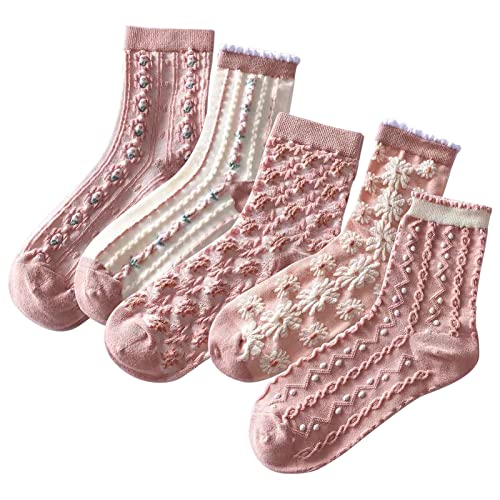 Image of 5 Pack Cute Womens Floral Socks, Vintage Embroidered Frilly Floral Ankle Cotton Cottagecore Socks
