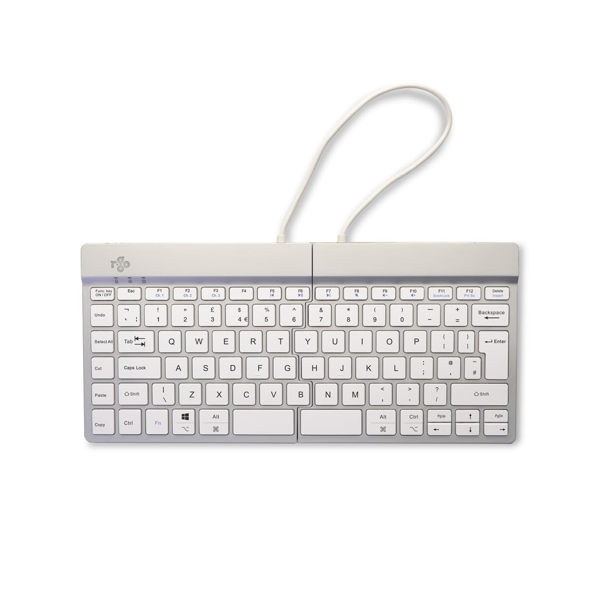 R-Go - Tastiera Split con meccanismo a forbici, tunnel carpale, design ergonomico in 2 parti, con software Break, ultrasottile, layout QWERTY (US), Bluetooth 5.0, compatibile con Windows/MacOS, colore
