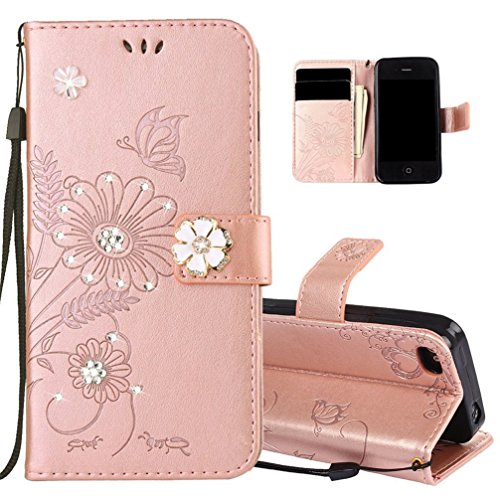 EMAXELERS Funda iPhone 4S Premium PU Cuero Cartera para Tarjetas y Cierre Magnetico Soporte Plegable Funda para iPhone 4 Diamond Rose Gold Ants Dating