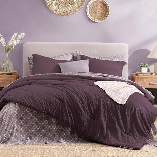 Image of Monbix King Size Comforter Set- 7 Pieces Soft Bed in a Bag King Bedding Set | All Season Plum Prewashed Comforter with Sheets, Pillowcases & Shams