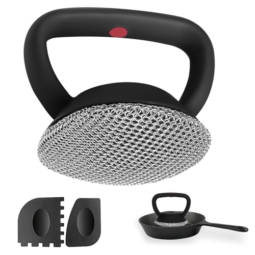 Image of MEIXINZHI Cast Iron Cleaner, Chain Mail Scrubber & Pan Grill Scrapers - 2 in 1 Cast Iron Skillet Cleaner (Black, Without mat)