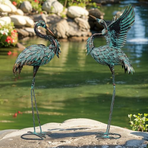 Ruifabo Garden Statues Large Metal Crane Sculptures, Outdoor Heron Metal Statue Yard Art for Garden Decor, Realistic Bird Art for Outdoor Decor, Standing Lifelike, Water&Rust-Proof, Set of 2 Bronze