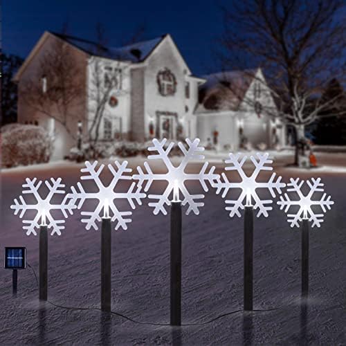 BRIGHTDECK Snowflake Solar Christmas Decorations Outdoor, 5 Pack LED Christmas Pathway Lights, Waterproof Snowflake Pathway Lights, Stake Lights for Christmas Garden Decor (5Pcs Cold White)