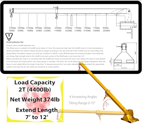IntXanth Telescopic Pivoting Fork Lift Boom, 0-75°Tittling Angle, 4400 lbs Lifting Capacity, Forklift Boom Extension to 12', 2 Hooks, Boom Attachment for Forklift Lifting Hoist
