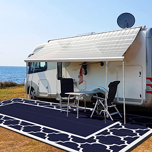 Image of GENIMO Outdoor Rug, Waterproof Plastic Rugs 10'x20' for Camping Blue White | Outside Larger Modern Carpet Mat for Patio Decor, RV, Porch, Camper, Deck, Picnic, Beach, Backyard, Reversible, Foldable