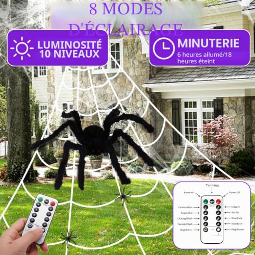 Toile d'araignée 135LED extérieur violette rétractable avec araignée 90cm 8 modes