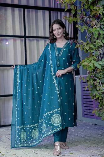 Image of PARTHVI Women's Pure Cotton Printed Straight Kurta Set with Palazzo Pants & Dupatta- Ethnic Wear, Red