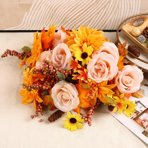 2Pcs Large Artificial Fall Flowers,Thanksgiving Floral Arrangement with Berry and Maple Leaf Decoration, Autumn Faux Bouquet for Home & Party Indoor Decor in Table Centerpieces,Yellow&Orange