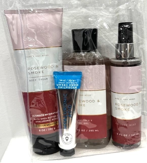 Bath & Body Works Men's Collection Rosewood & Smoke Bundle Deluxe Set- Cologne Mist, Shower Gel, Body Cream, and Hydrating Hand Cream - All In A Bag