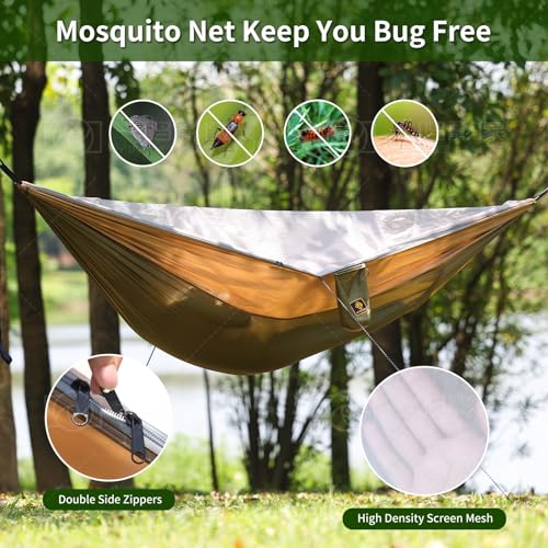 Image of Camping Hammock with Mosquito Net,Lightweight 210T Nylon Hammocks,Portable Hammock with 10ft Tree Straps,Camping Gear Must Haves for Travel Hiking Backpacking Beach Patio-Green&Khaki