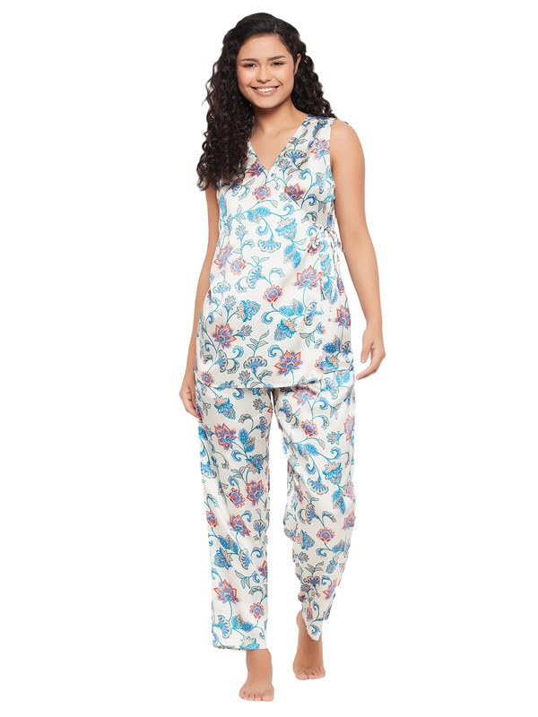 Image of Clovia Women's Satin Printed Top & Pyjama Set