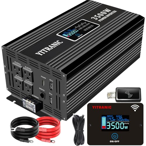 Image of YITRANIC 3500W Pure Sine Wave Inverter DC 12V to AC 120V, with Wireless LCD Remote Control, Hardwire Port, 5V 3A USB, 30W Type-C for RV, Truck, Home, Camping, Upgraded from 3000 Watt Inverter