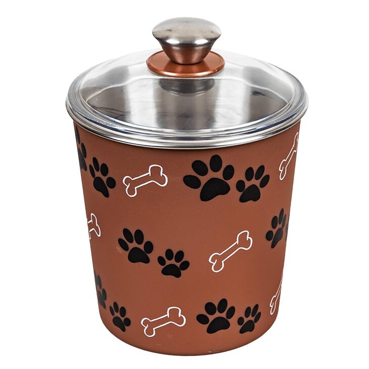 HAPPET Futterkasten 1,9 L - Metall-Trockenfutter und Leckereien, Dicht, Rutschfest, Braun Muster Fuß, Hygienisch, Ästhetisch, 15 cm, Für Hundeess-Lagerung