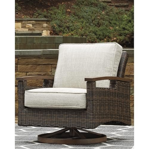 Image of Signature Design by Ashley Paradise Trail Traditional Nuvella Weather Resistant Fabric Outdoor Fire Pit Table and 4 Chairs, Beige & Dark Brown