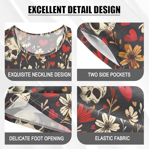ALAZA Skulls Hearts Flowers Pajama Set Short Sleeve Sleepwear Soft Lounge Nightwear4