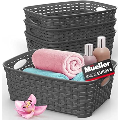 European Made Plastic Storage Bins, Heaviest Duty, Household Organizers for Bathrooms, Bedrooms, Kitchens, Laundry Room, Cabinets, Shelves, 4 Pk, Dark Grey Cover