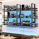 Wine Rack Wall Mounted with LED Light, Large Wine Bottles Display Shelf with Glasses Holder, Industrial Metal Wall liquor racks, 3-Tiers Wood Liquor Display Bar Shelves Home (black, 39.4*8.6*47.2in)