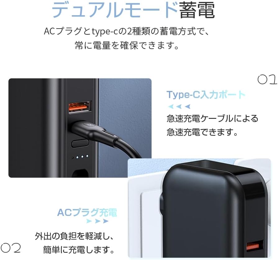 Imaxe que mostra o cargador externo a través do seu enchufe CA integrado nunha toma de corrente e a través do seu porto de entrada tipo C.