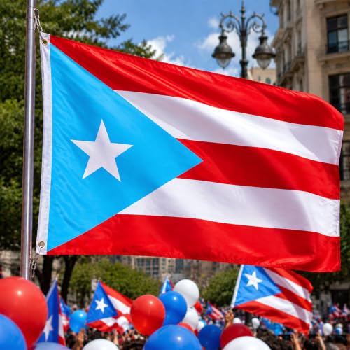 Image of AhfuLife 1Pc Light Blue Puerto Rico Flag 3x5 Ft, Large Light Blue Puerto Rican Flags for Outside - Double Side with Brass Eyelets for Puerto Rican Party Decorations, Soccer Party Bar Garden Decoration Indoor Outdoor