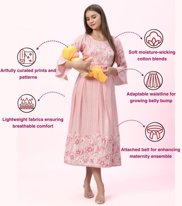 Image of DUMMY SHAPE Feeding Nighty | Maternity Dresses for Women Cotton Blend | Floral Pink Anarkali Kurta with Dual Nursing Zippers for Pregnancy & Breastfeeding | Gifts for Pregnant Women (