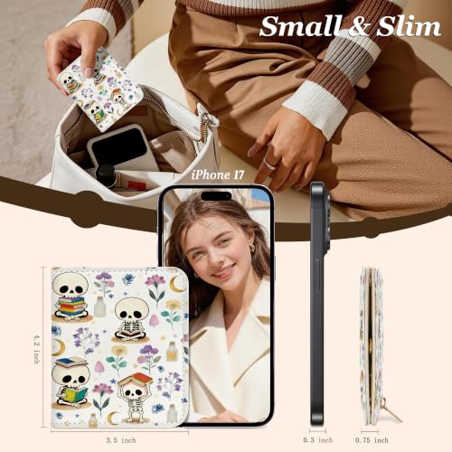 Image of Toughergun Bookish Skeletons RFID Small Wallet Women, Slim Thin Vegan Leather Bifold Wallet with Zipper Coin Pocket & ID Window, Cute Mini Travel Credit Card Holder Gift for Women Ladies Teen Girls
