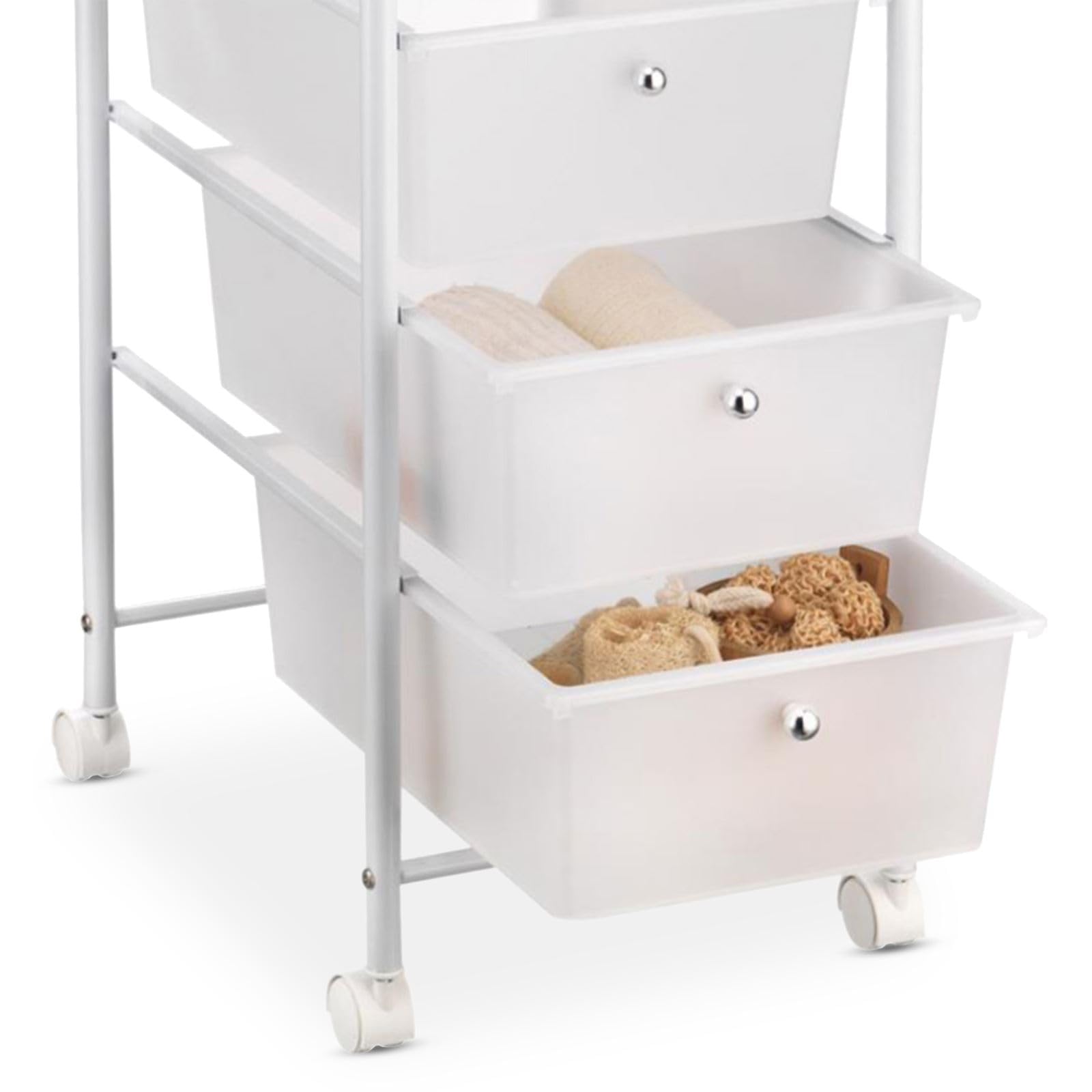 IDIMEX Caisson sur roulettes GINA Chariot avec 5 tiroirs Blancs Transparent et 1 étagère, Meuble de Rangement pour Salle de Bain en métal laqué Blanc