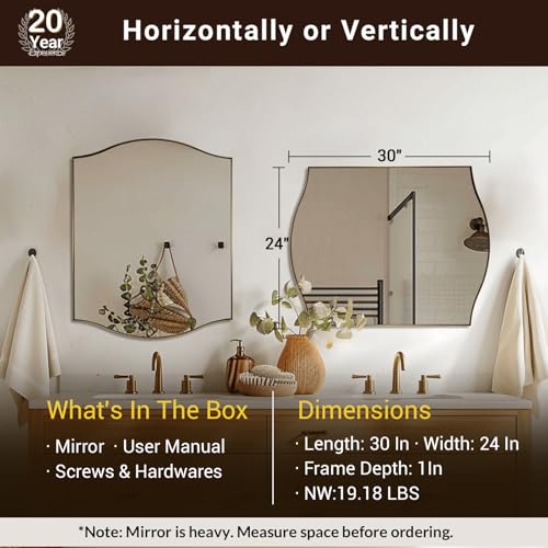 Image of ANDY STAR Gold Bathroom Mirror, 24 inchx30 inch Scalloped Wall Mirror in Stainless Steel Metal Frame, Unique Vanity Mirror with Modern Curved Edge Design, Ideal for Bathroom, Bedroom, Entryway