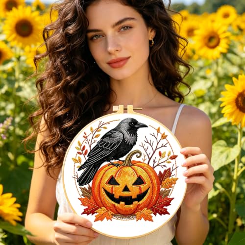 Image of BEUNITONE 4 Set Halloween Embroidery Kits for Beginners, Crow Design with Pre-Stamped Pattern Craft Kits Include Instruction and Hoops, 7.9 inchx7.9 inch Needlepoint Kits for Festival Gifts and Home Decor
