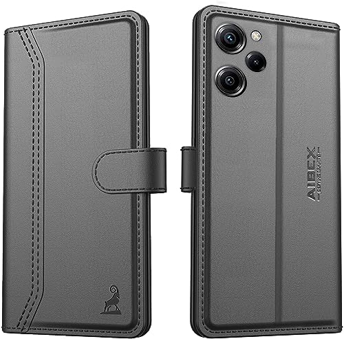 Image of AIBEX Poco X5 Pro 5G Flip Cover Leather Finish | Inside TPU with Card Pockets | Wallet Stand | Complete Protection Flip Case Black