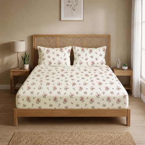Image of HOMEMONDE 186 TC Soft Cotton Fitted Sheet Floral Printed Queen Size Elastic Fitted Bedsheet with Two Pillow Covers - (78 x 72 Inches, Blush Garden) | Perfect for Home Decor & Gifting