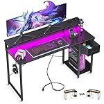 AODK Gaming Desk with LED Lights & Power Outlet, 55 Inch Computer Desk with Drawer, Reversible Desk with Adjustable Monitor Shelf & Headphone Hook for Home Office, Black