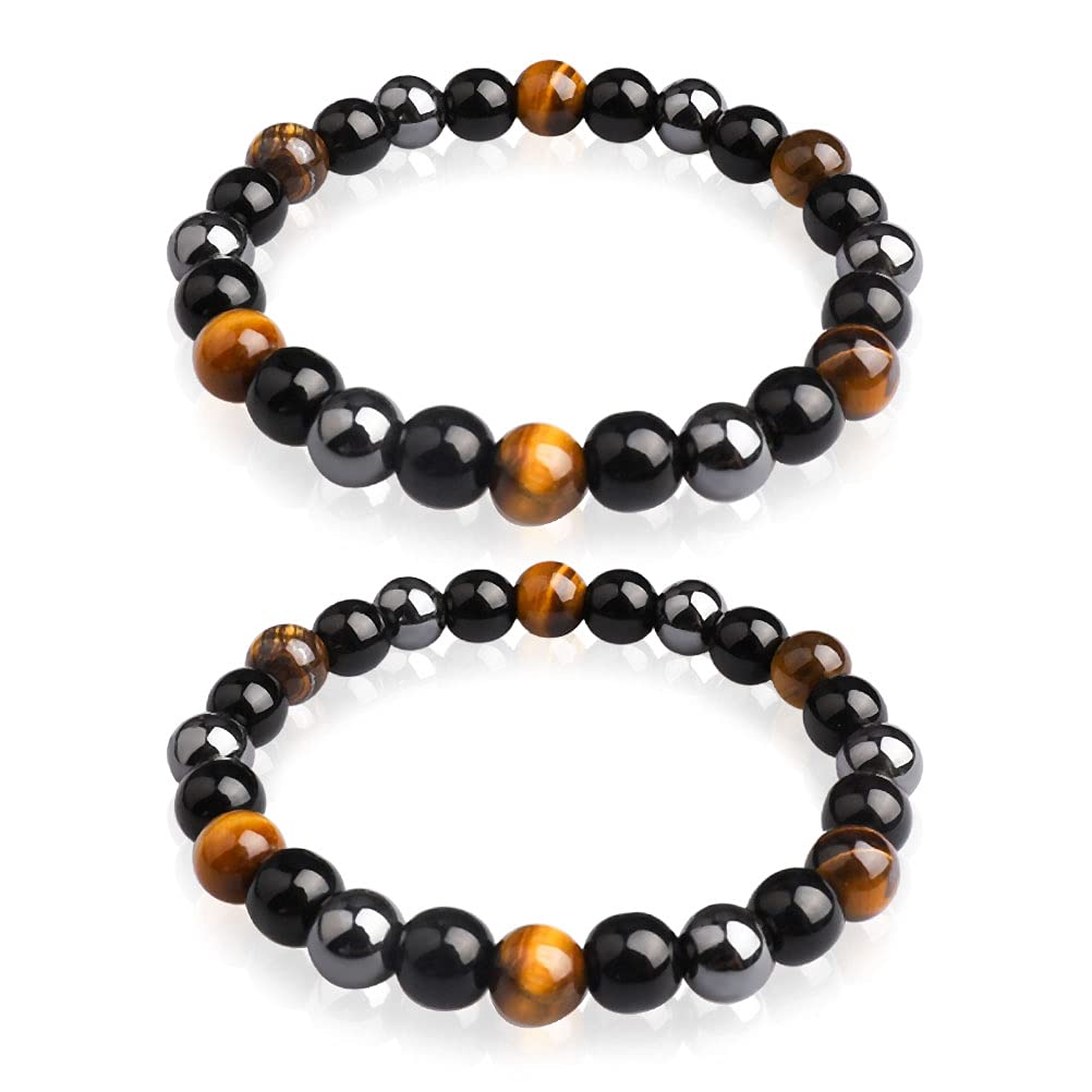 ThboxesTiger Eye Beads Bracelets, 2 Pcs 8mm Triple Protection Natural Black Obsidian Hematite Beads & Tiger Eye Beads Bracelet Unisex