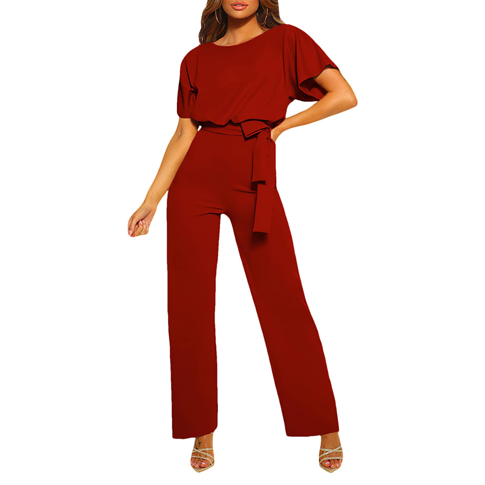 amropi Femmes Combinaison Manches Courtes Barboteuse Jumpsuit Élégant Pantalon Casual Combishort avec Ceinture